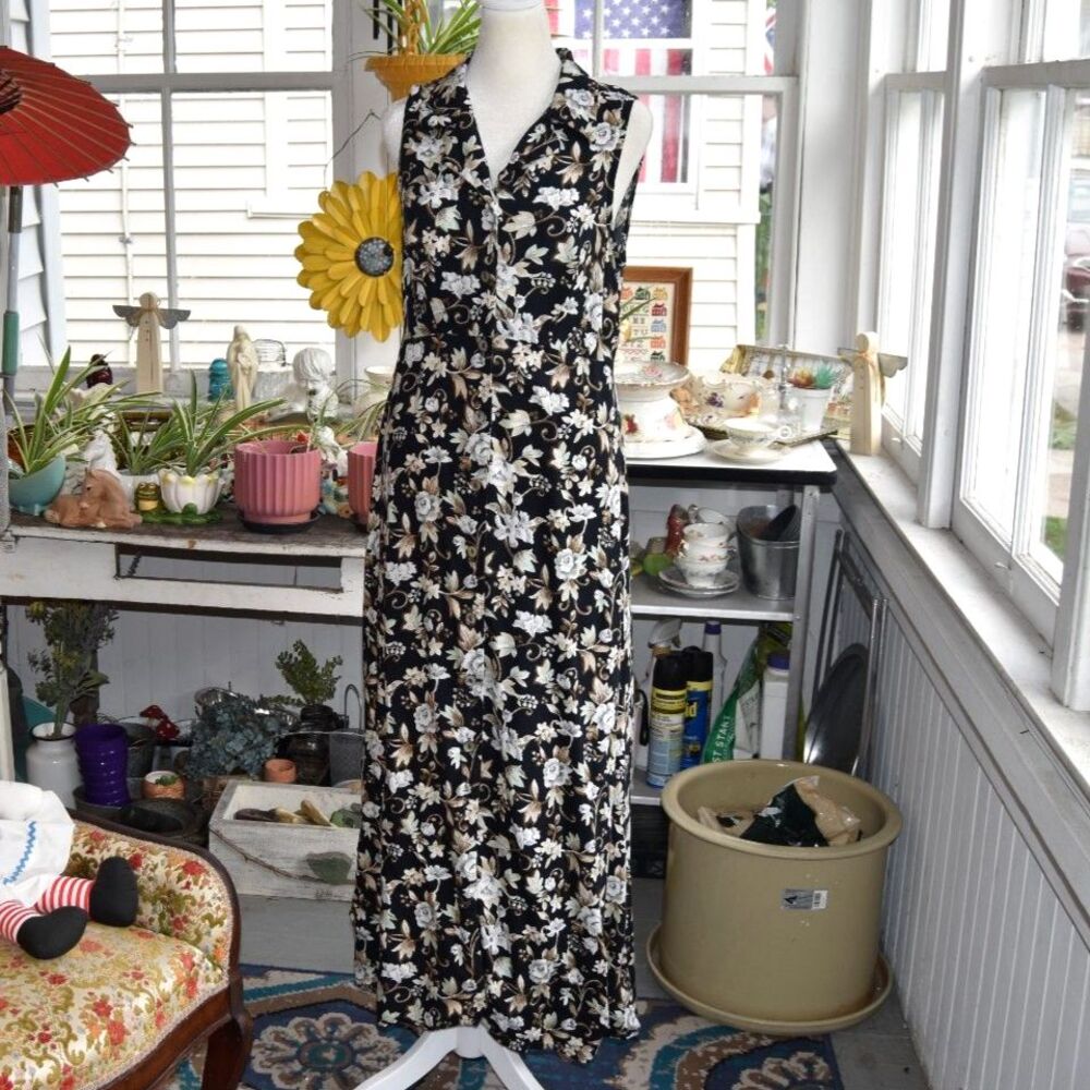 Vintage 90s All That Jazz Floral Maxi Dress Large Black Rayon Cottagecore